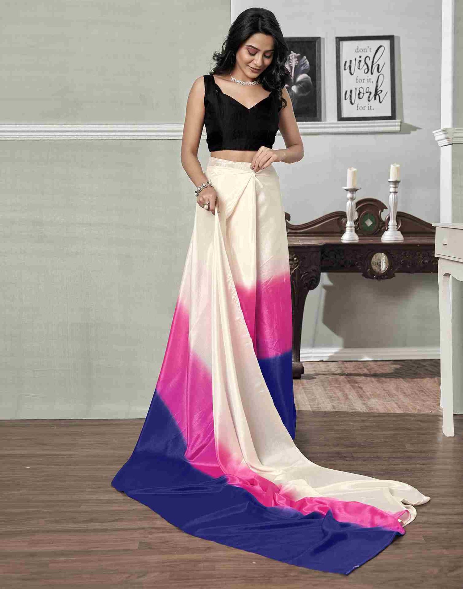 Ready To Wear Cream Chiffon Plain Saree