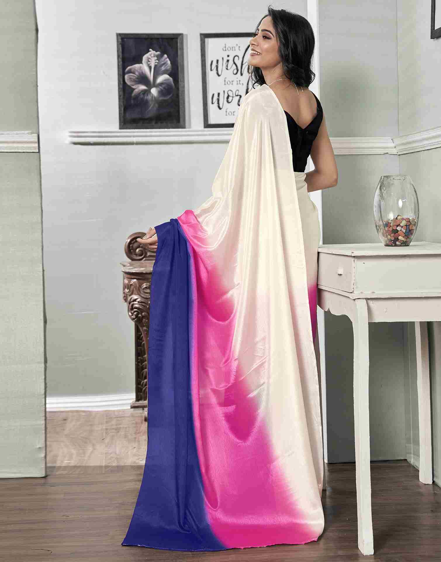 Ready To Wear Cream Chiffon Plain Saree