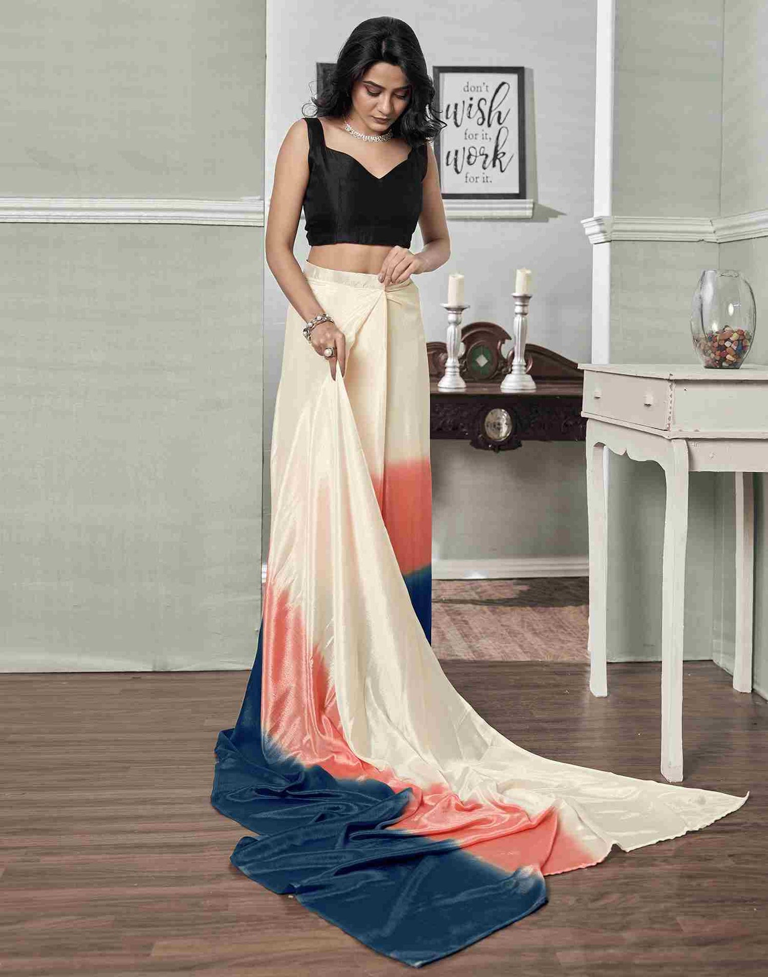 Ready To Wear Cream Chiffon Plain Saree