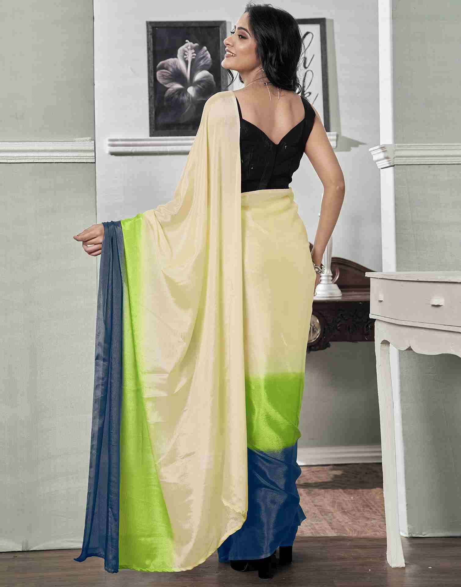 Ready To Wear Cream Chiffon Plain Saree