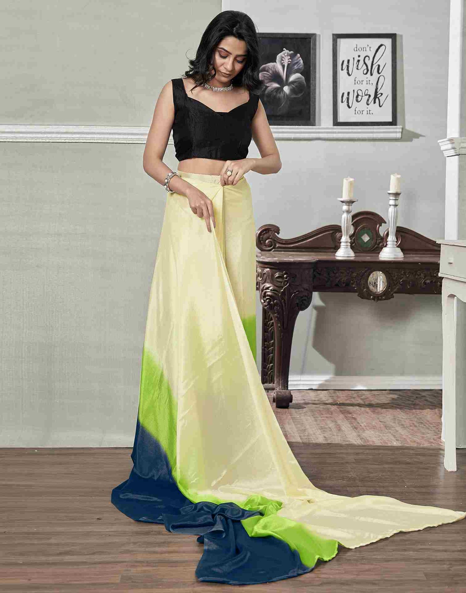 Ready To Wear Cream Chiffon Plain Saree