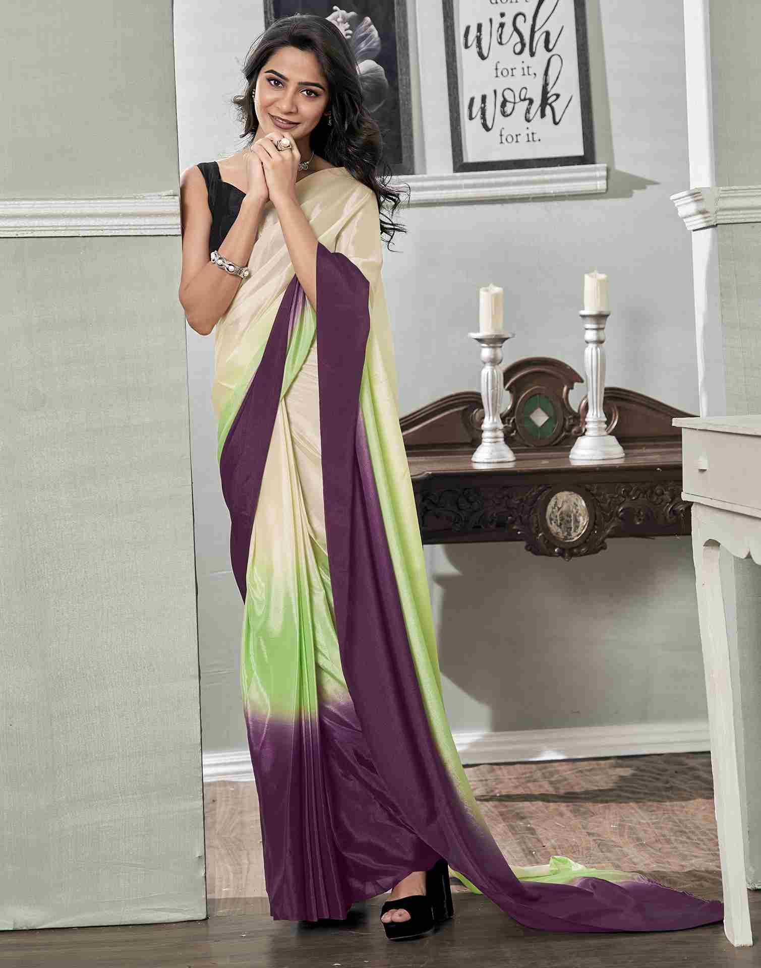 Ready To Wear Cream Chiffon Plain Saree