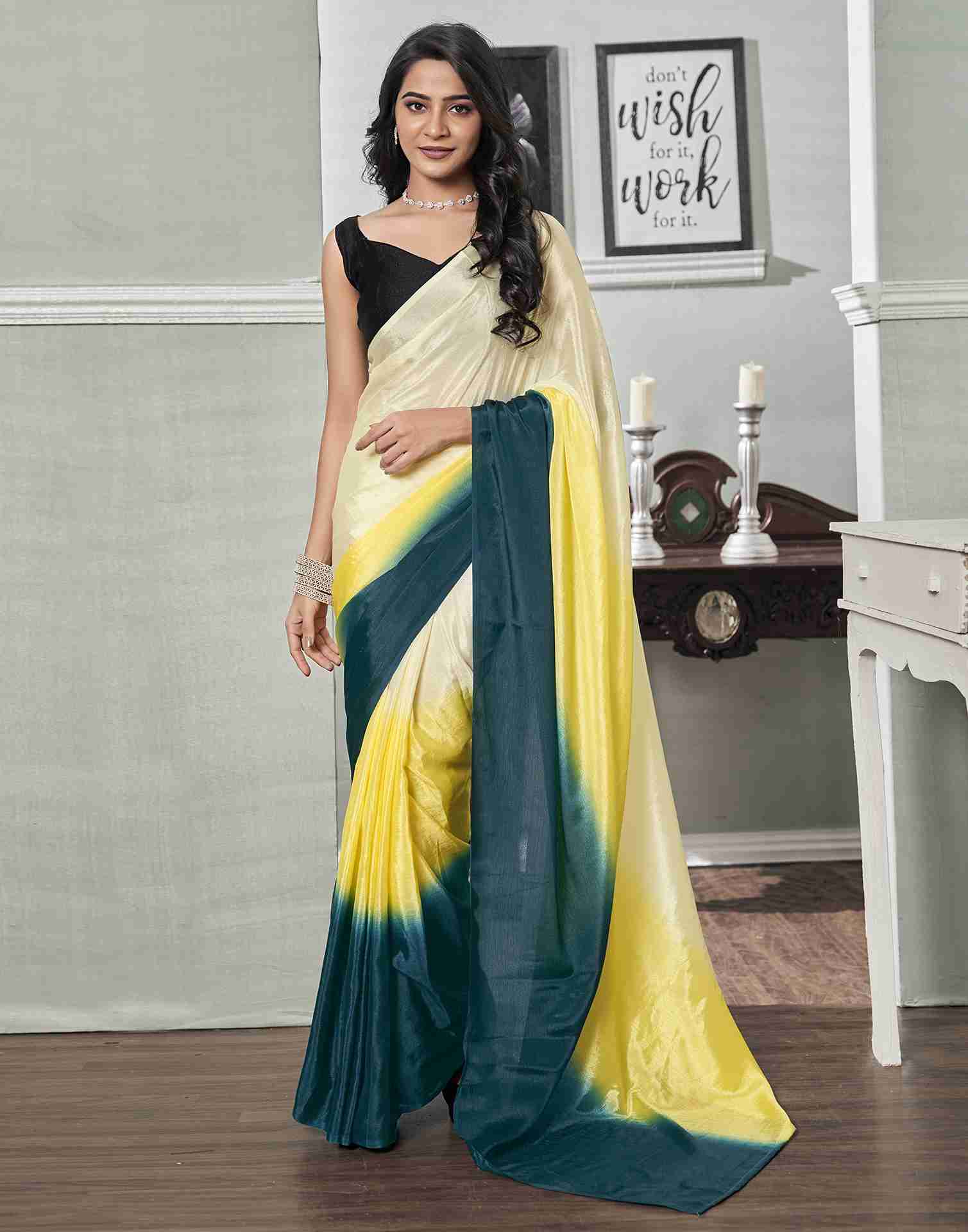 Ready To Wear Cream Chiffon Plain Saree