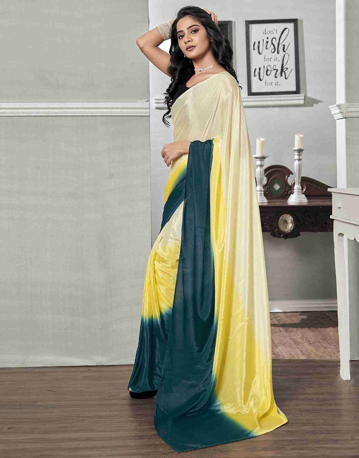 Ready To Wear Cream Chiffon Plain Saree