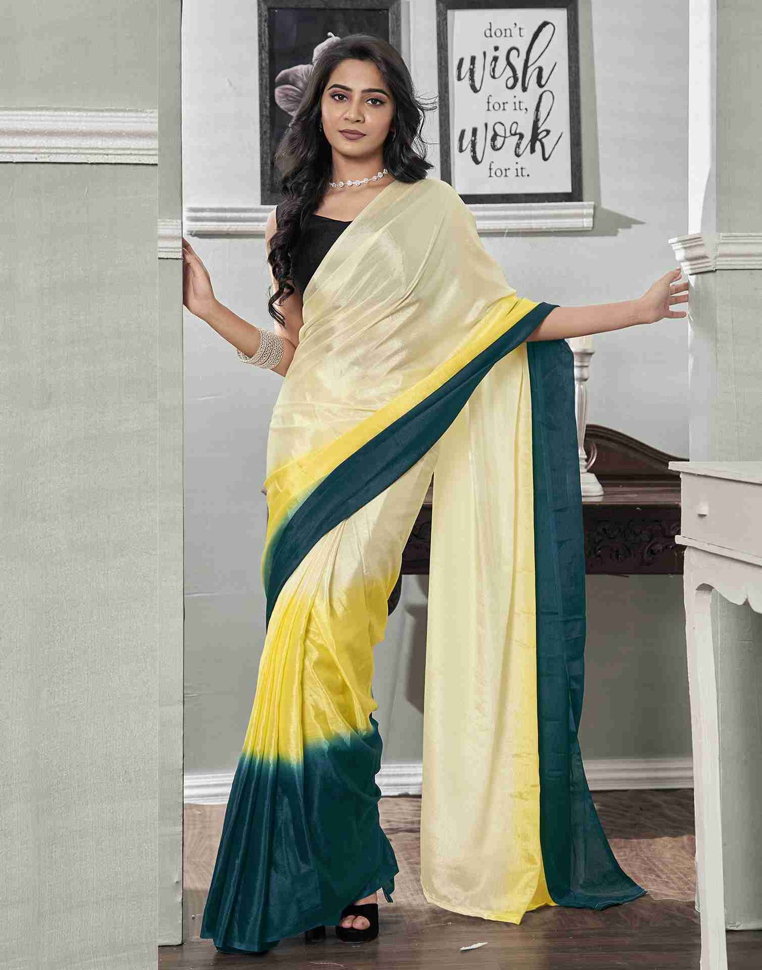 Ready To Wear Cream Chiffon Plain Saree