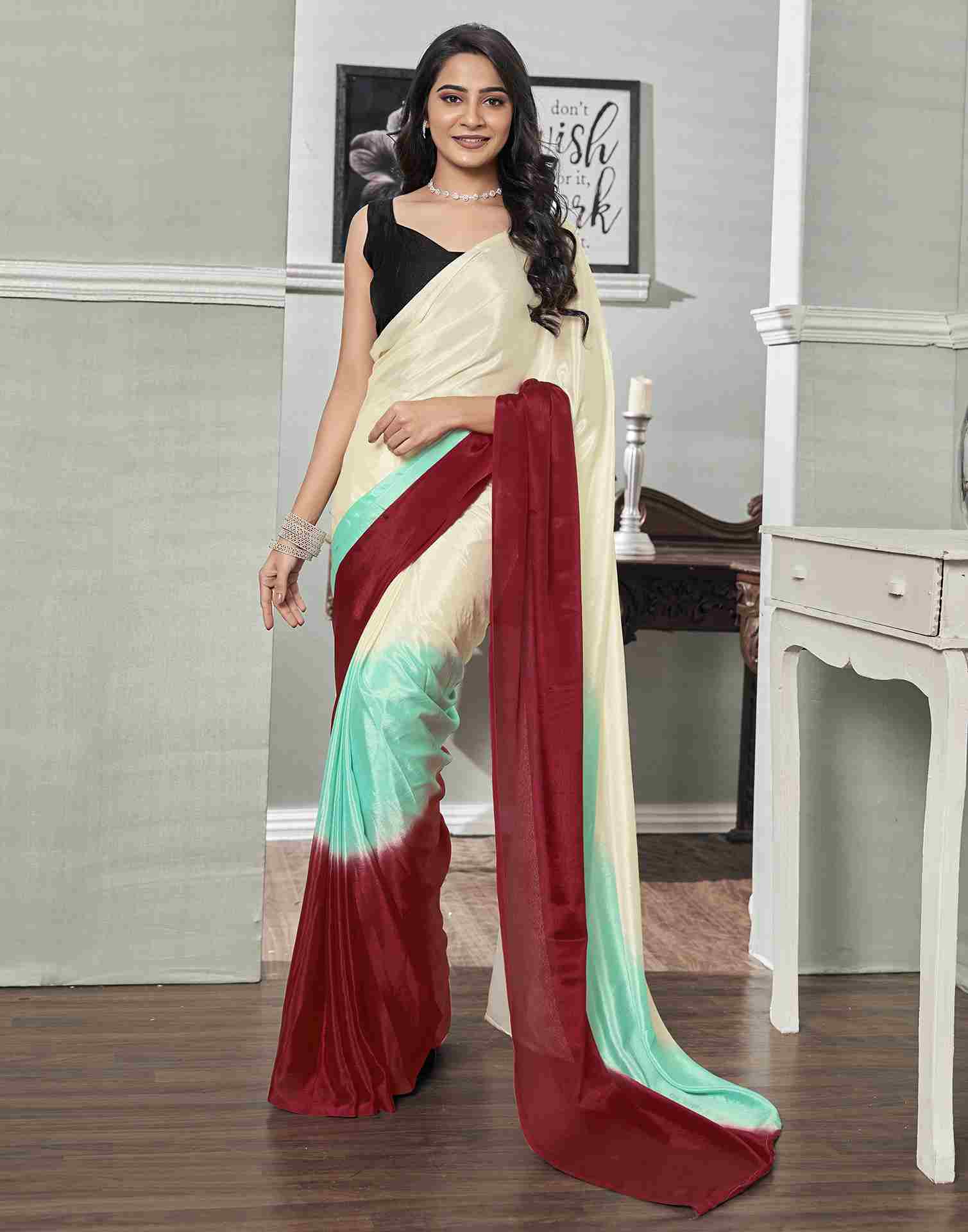 Ready To Wear Cream Chiffon Plain Saree