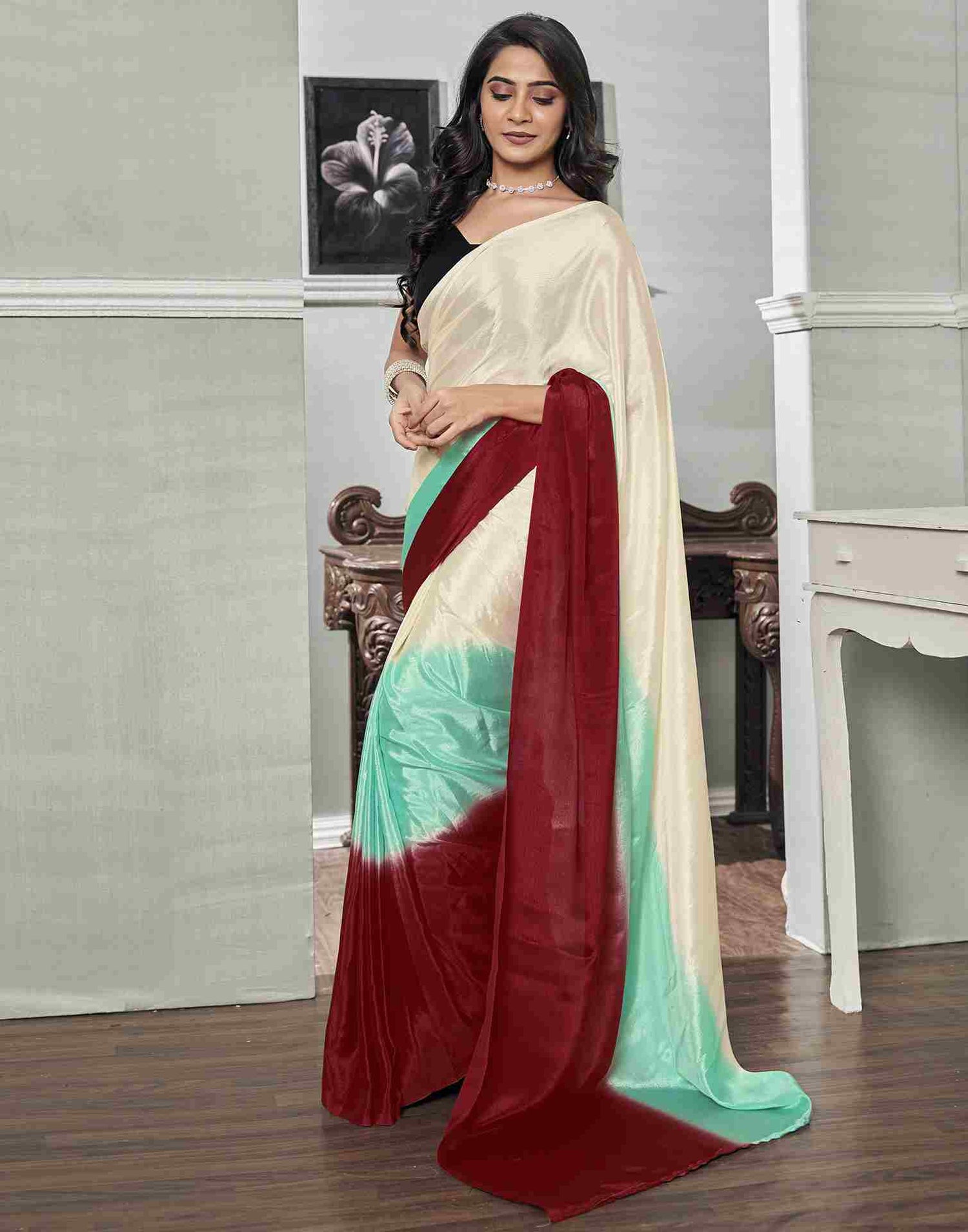 Ready To Wear Cream Chiffon Plain Saree