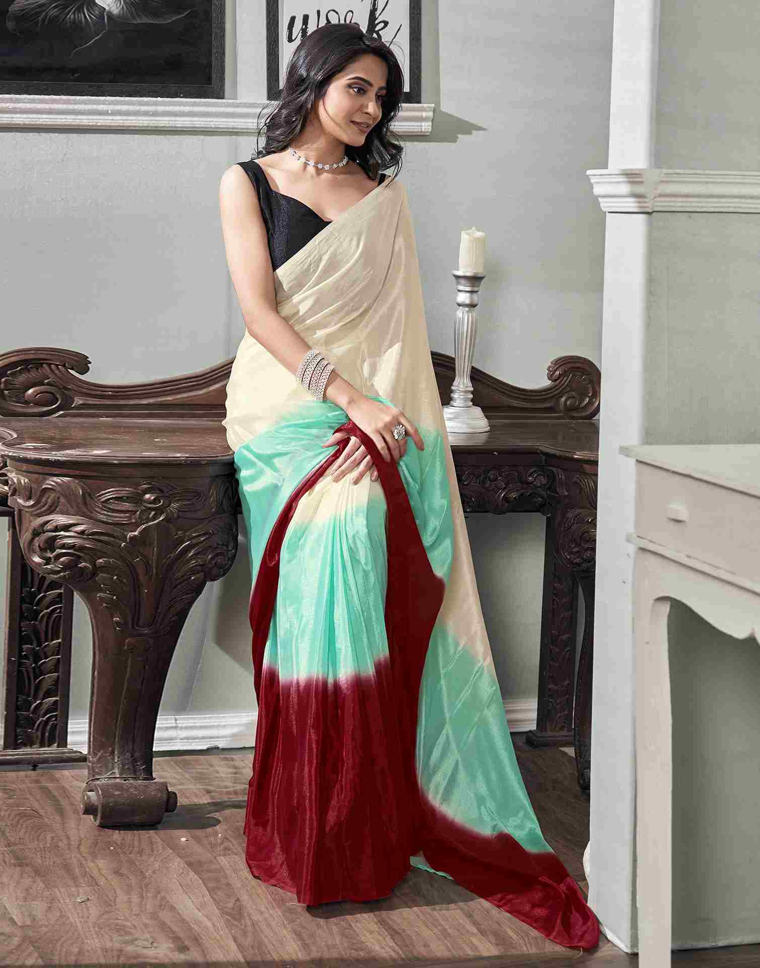 Ready To Wear Cream Chiffon Plain Saree