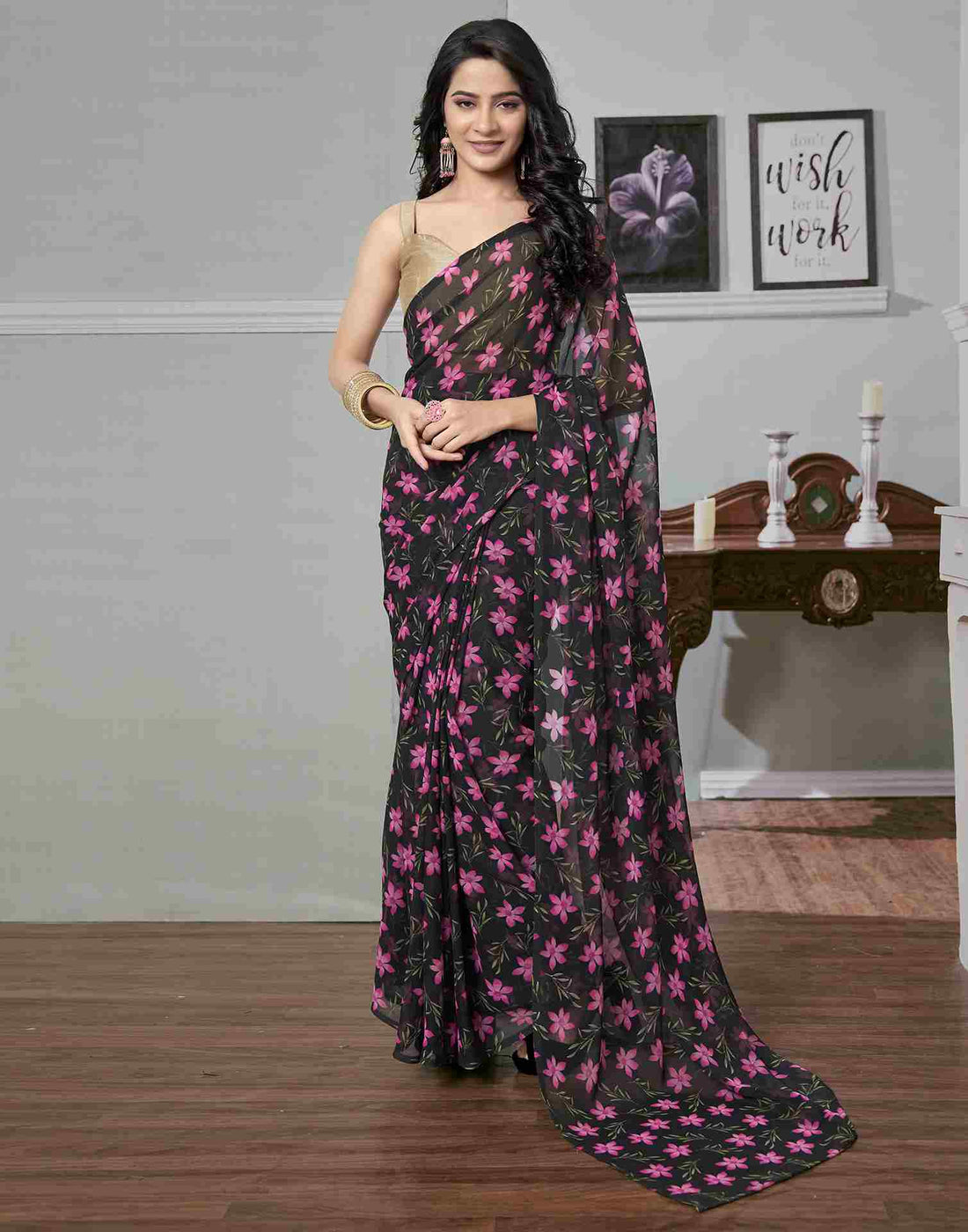 Ready To Wear Black Georgette Printed Saree