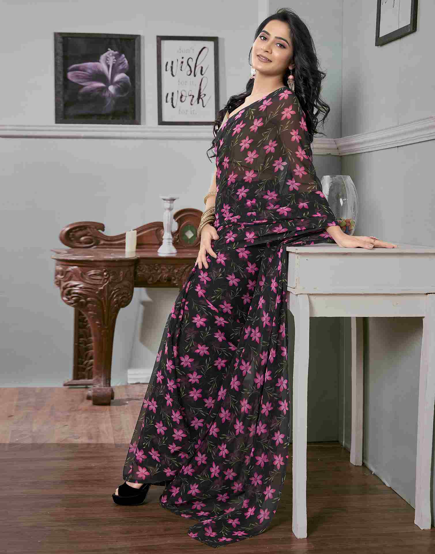 Ready To Wear Black Georgette Printed Saree