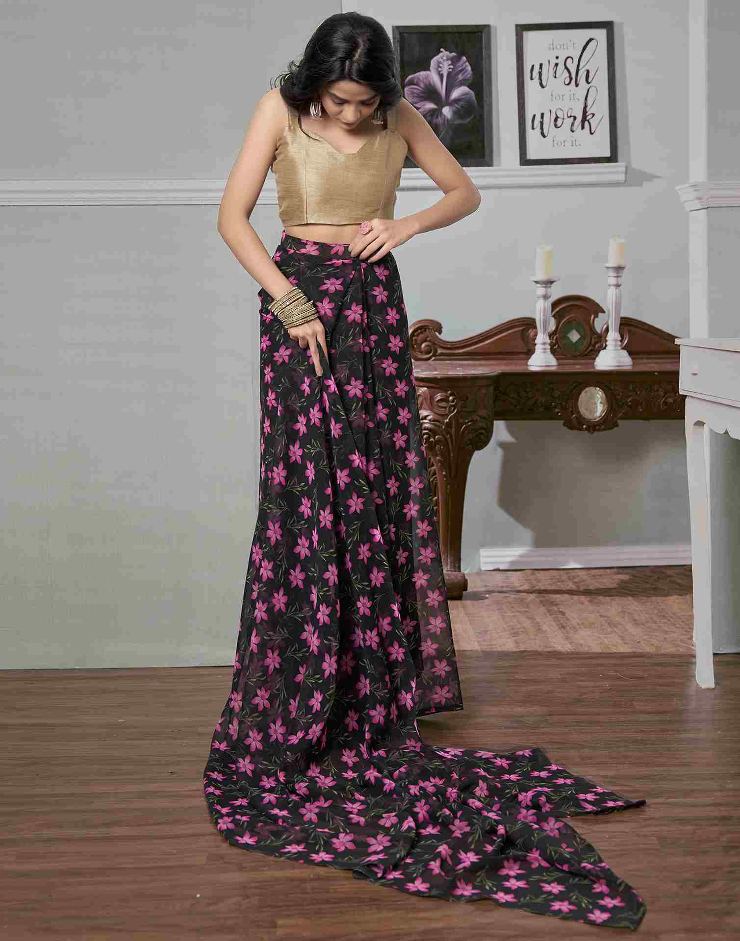 Ready To Wear Black Georgette Printed Saree