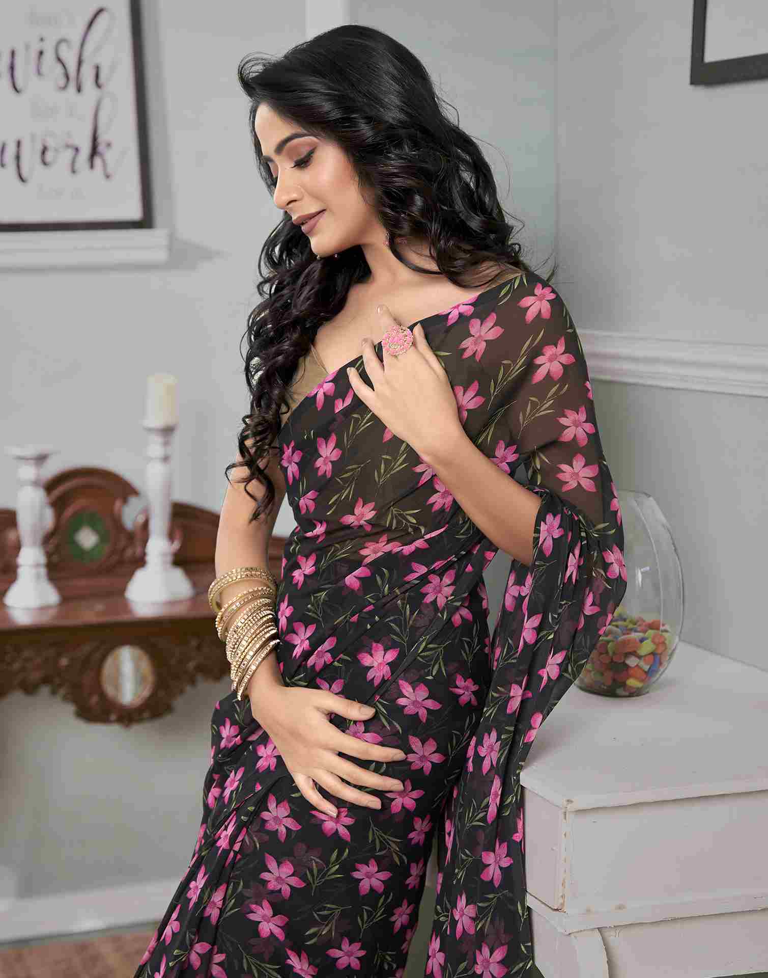 Ready To Wear Black Georgette Printed Saree