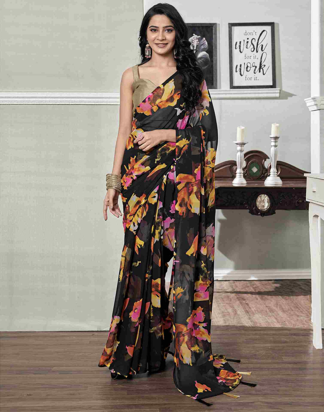 Ready To Wear Black Georgette Printed Saree