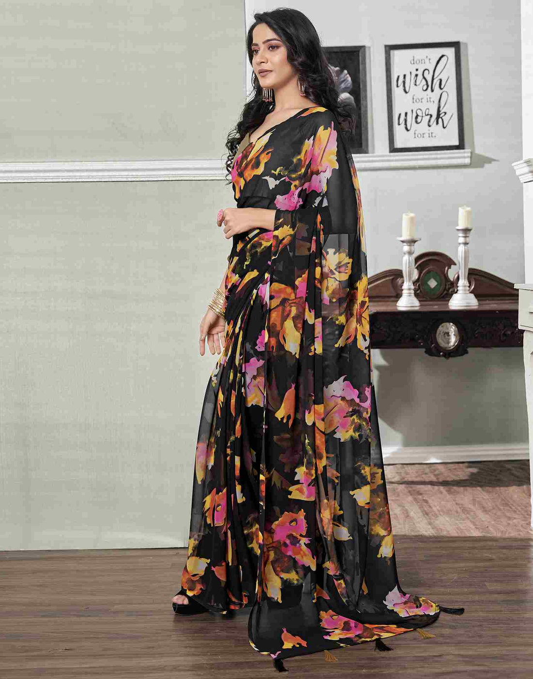 Ready To Wear Black Georgette Printed Saree