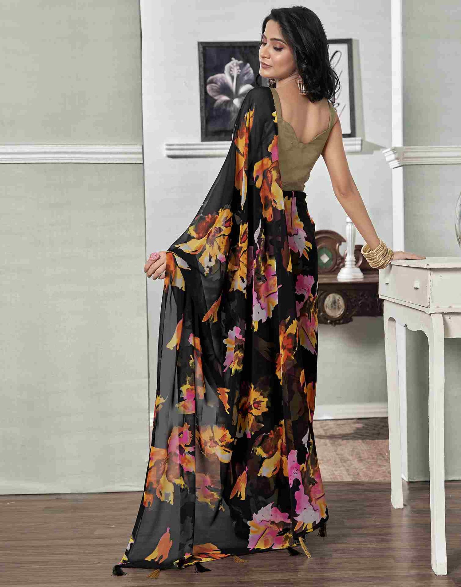 Ready To Wear Black Georgette Printed Saree