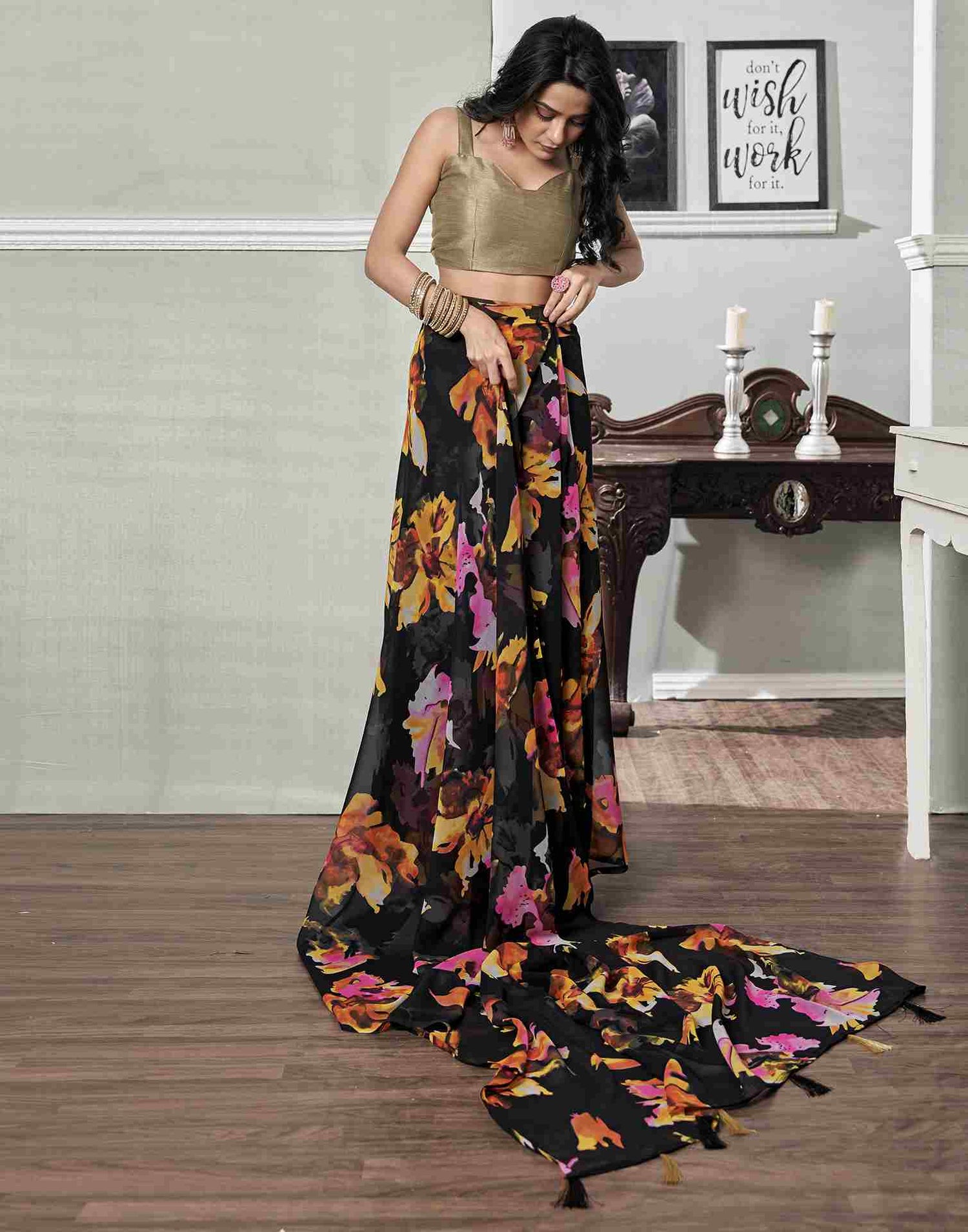 Ready To Wear Black Georgette Printed Saree