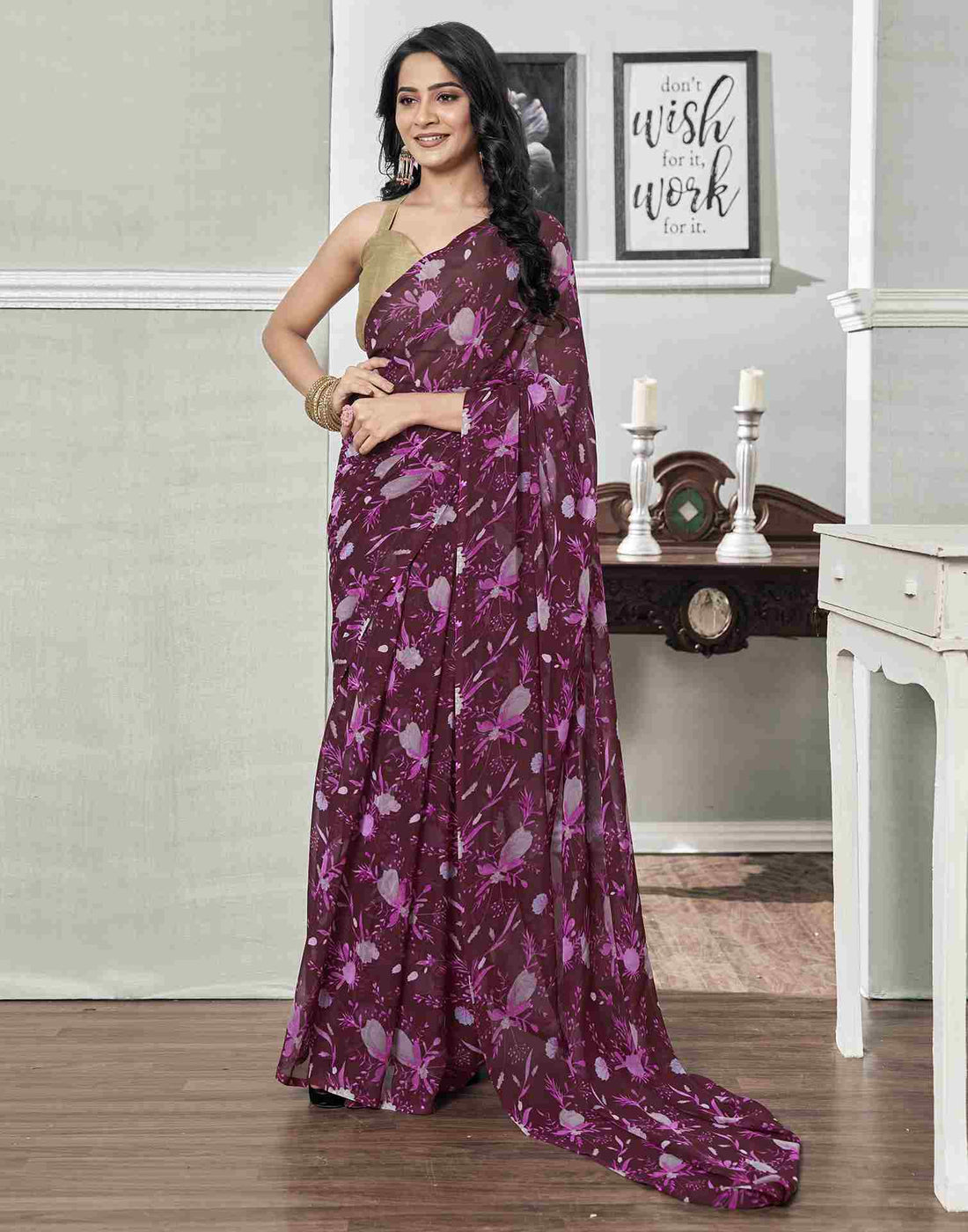 Ready To Wear Wine Georgette Printed Saree