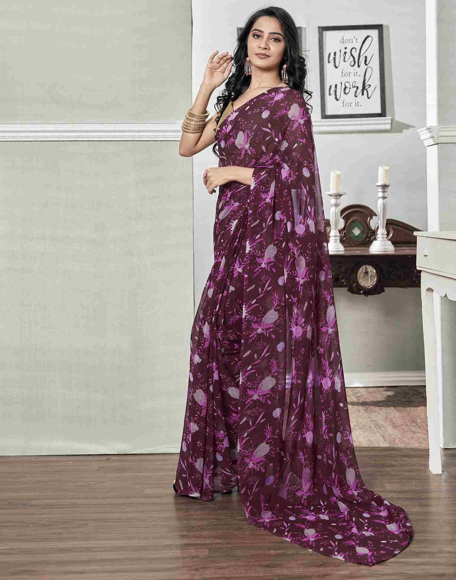 Ready To Wear Wine Georgette Printed Saree