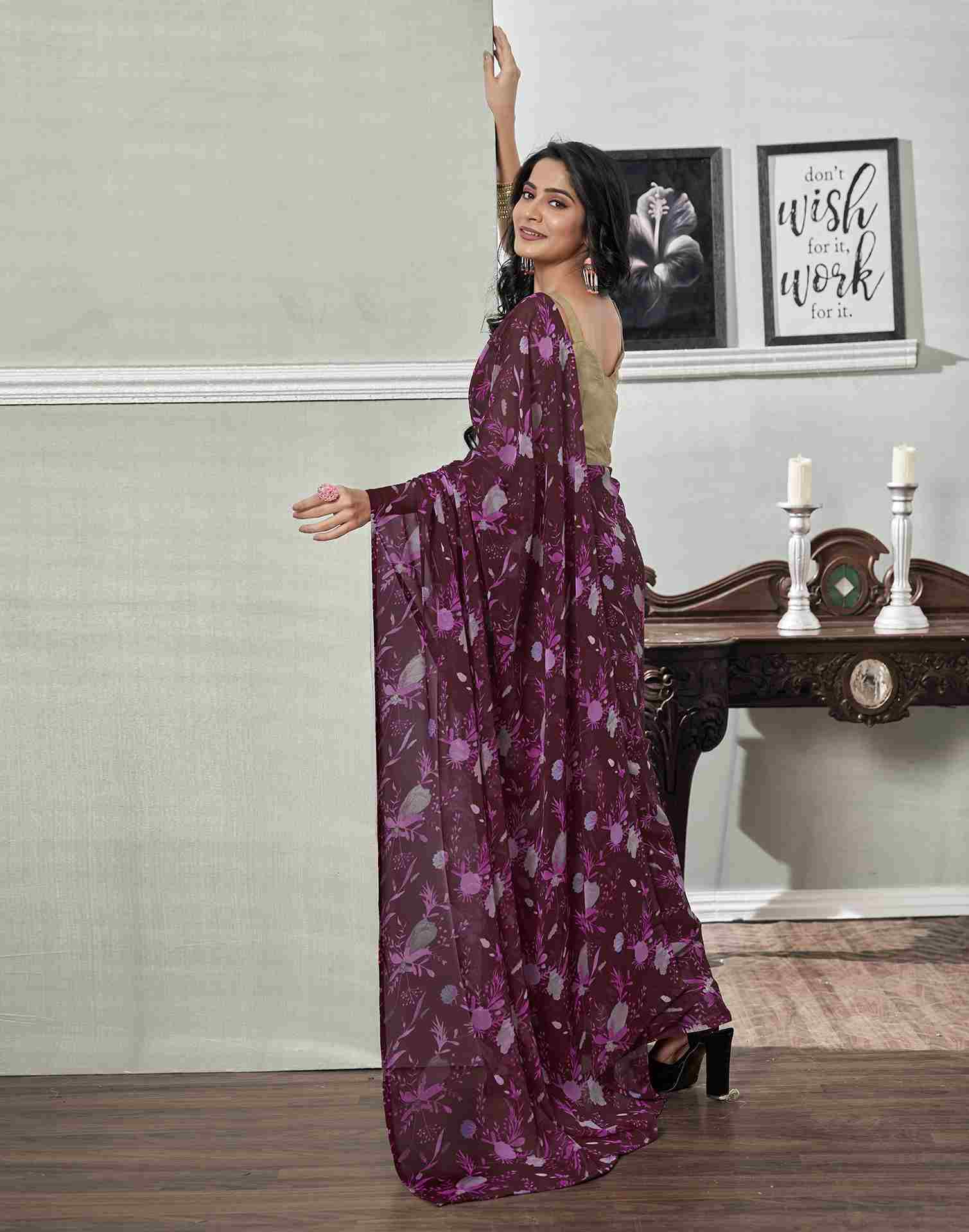 Ready To Wear Wine Georgette Printed Saree