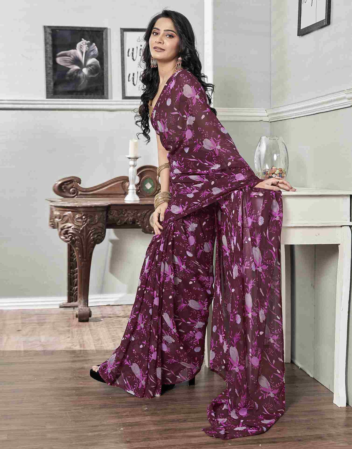 Ready To Wear Wine Georgette Printed Saree