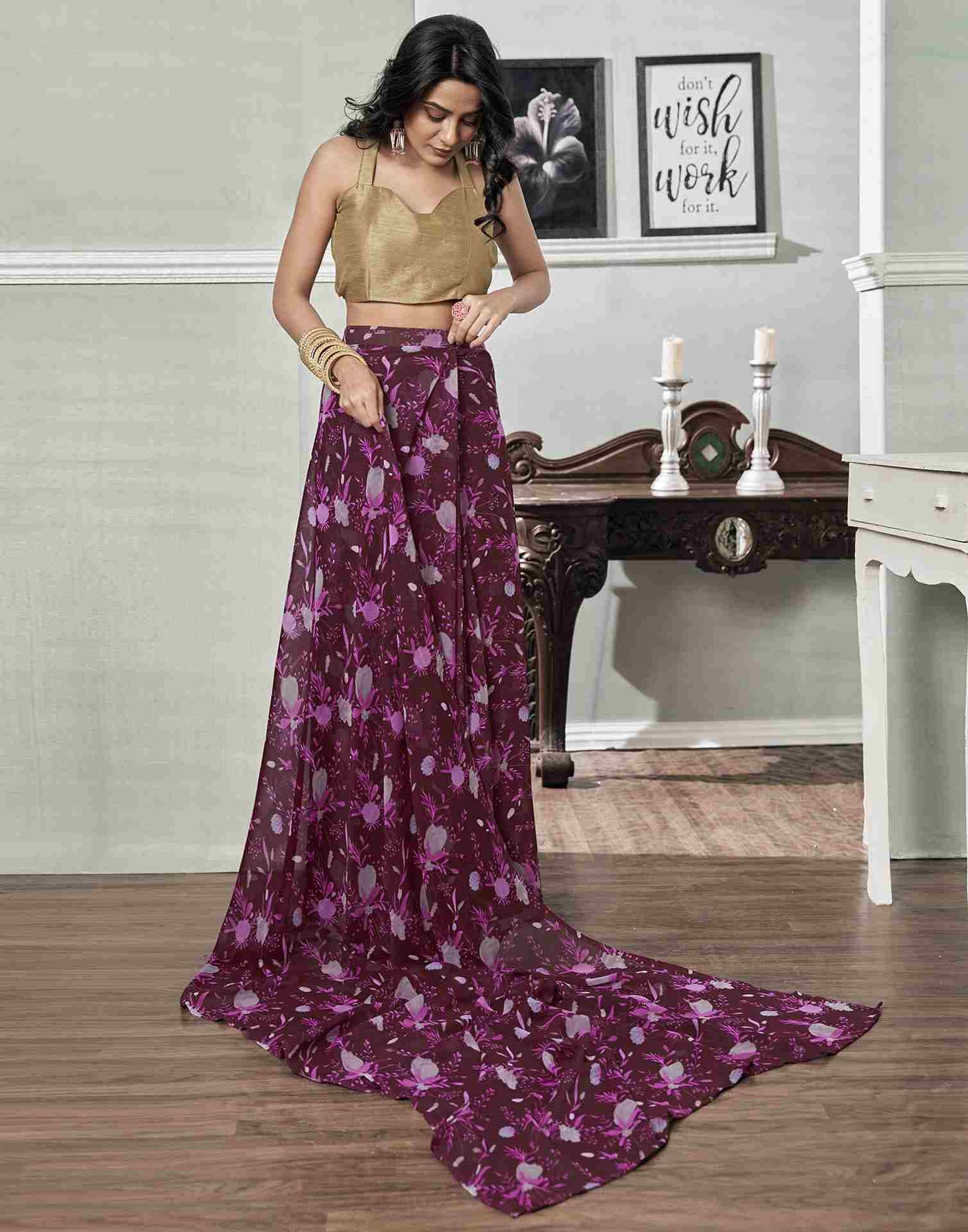 Ready To Wear Wine Georgette Printed Saree