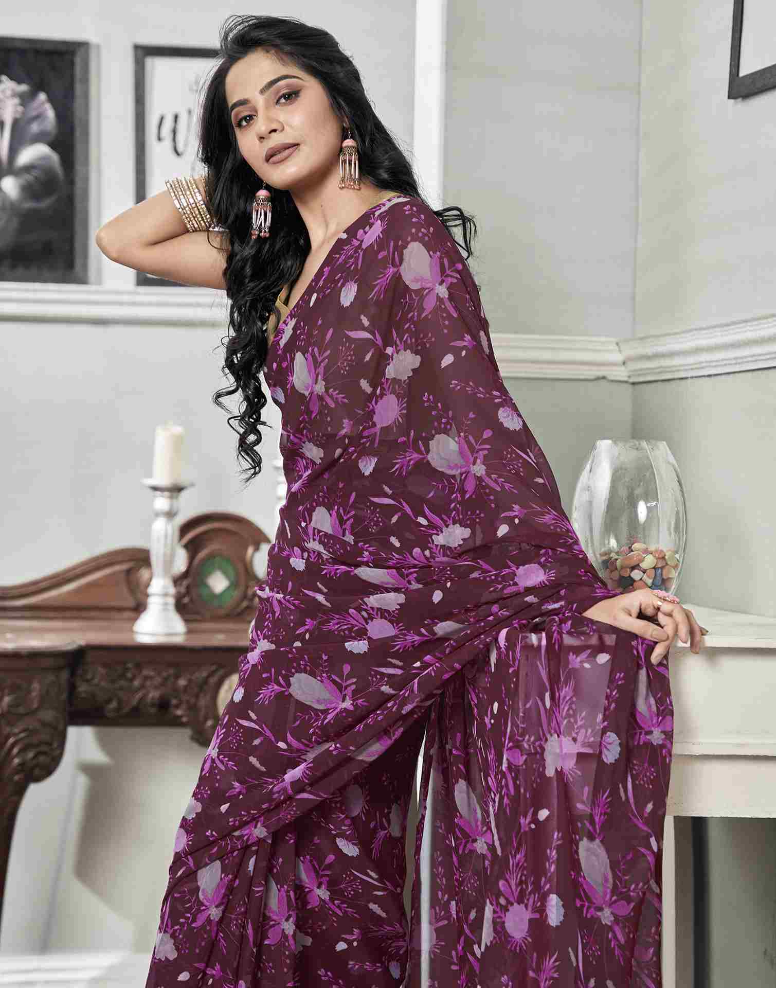 Ready To Wear Wine Georgette Printed Saree