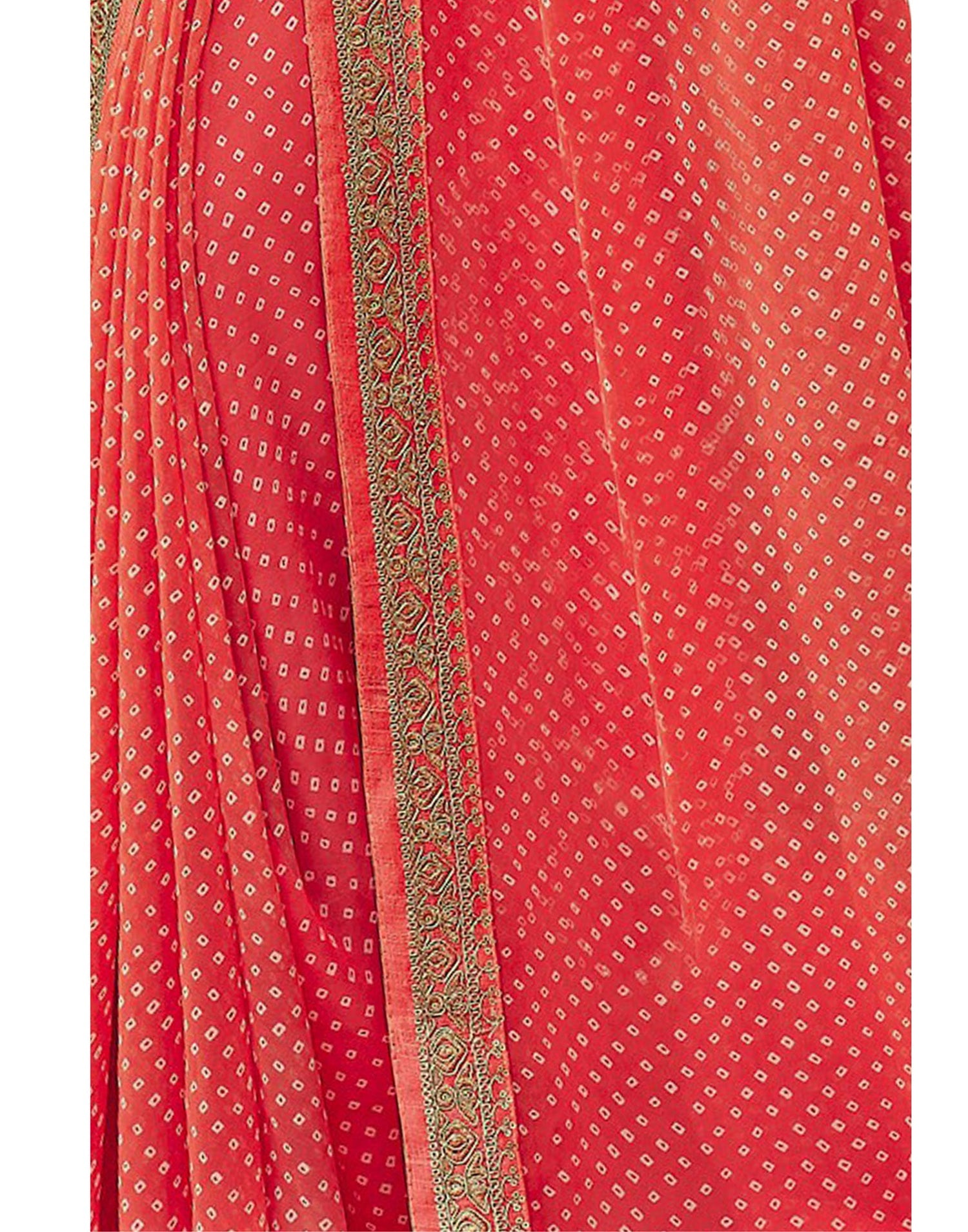 Coral Pink Bandhani Saree with Embroidery Border | Sudathi