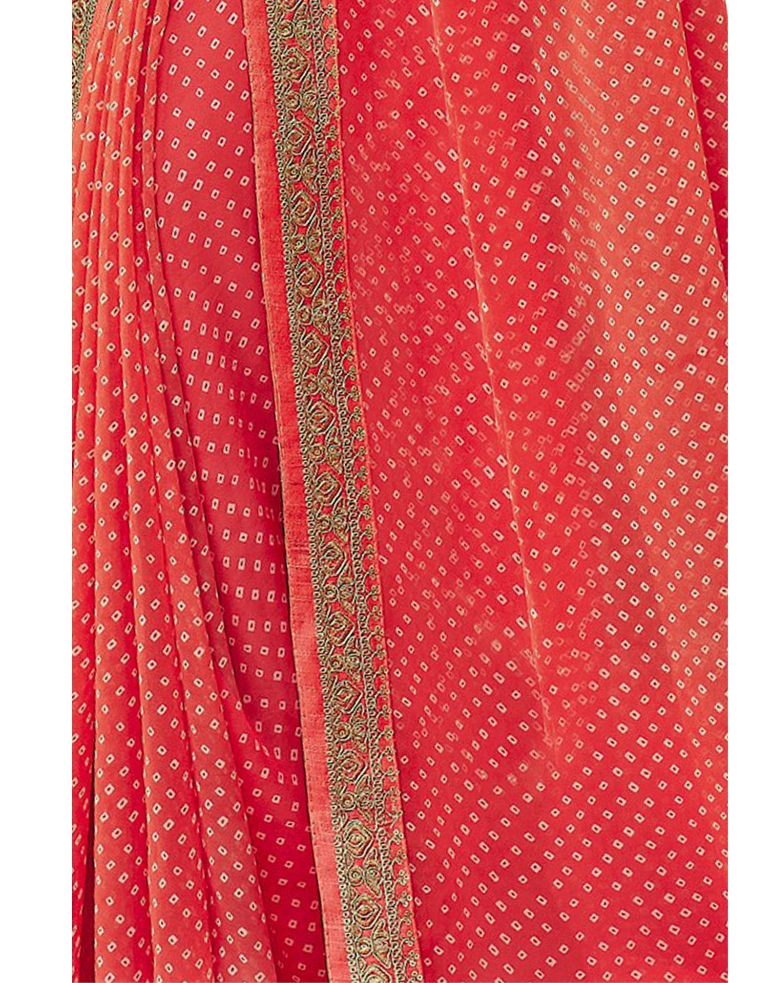 Coral Pink Bandhani Saree with Embroidery Border | Sudathi