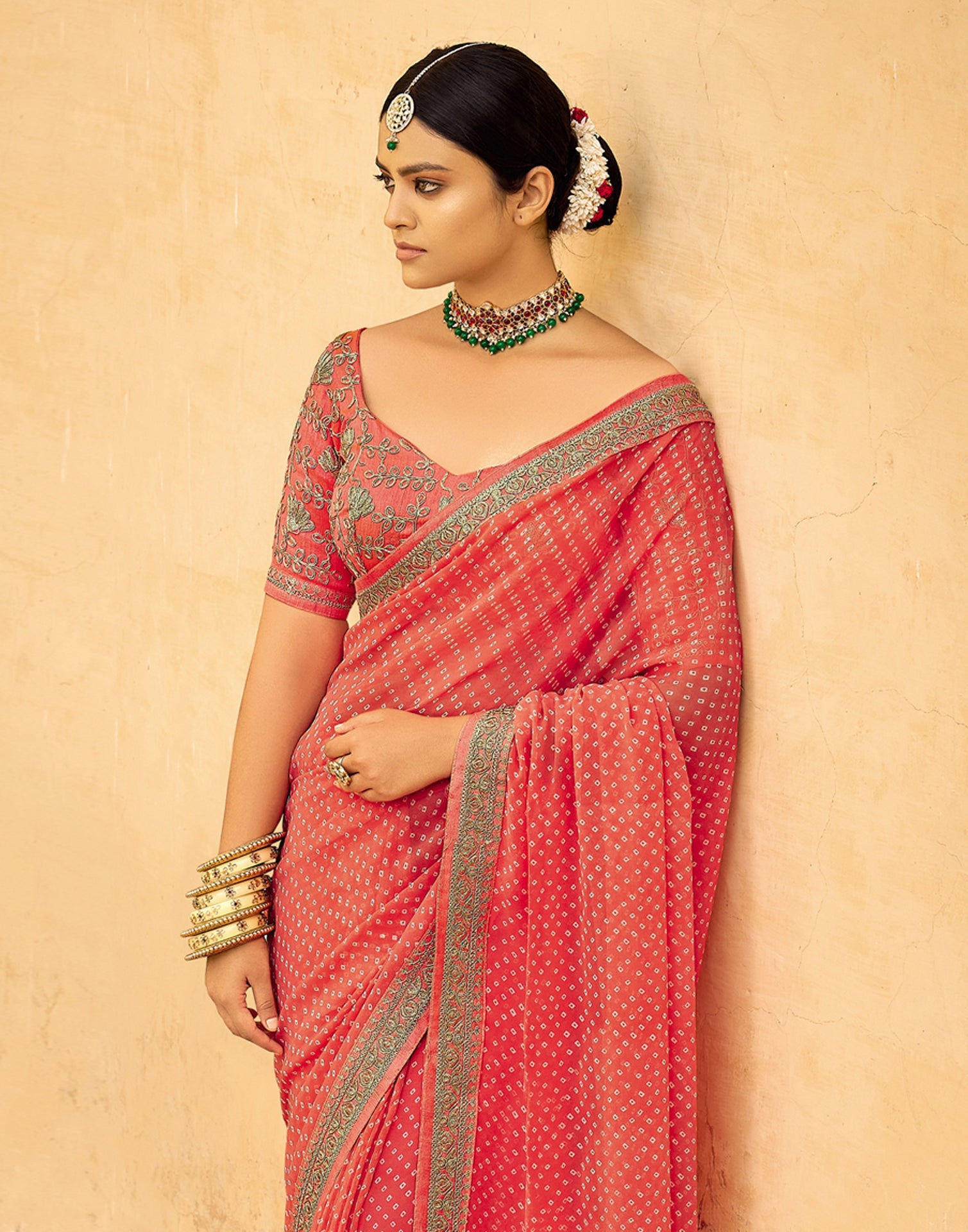 Coral Pink Bandhani Saree with Embroidery Border | Sudathi