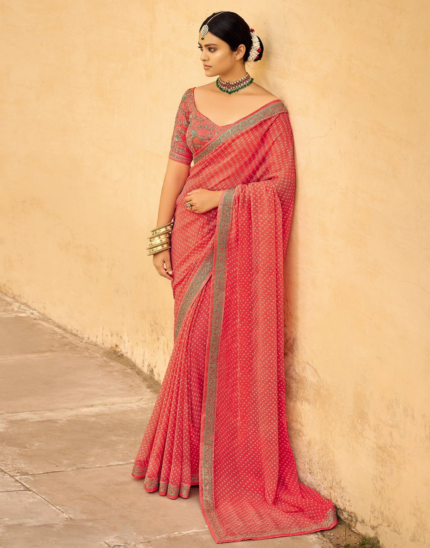 Coral Pink Bandhani Saree with Embroidery Border | Sudathi