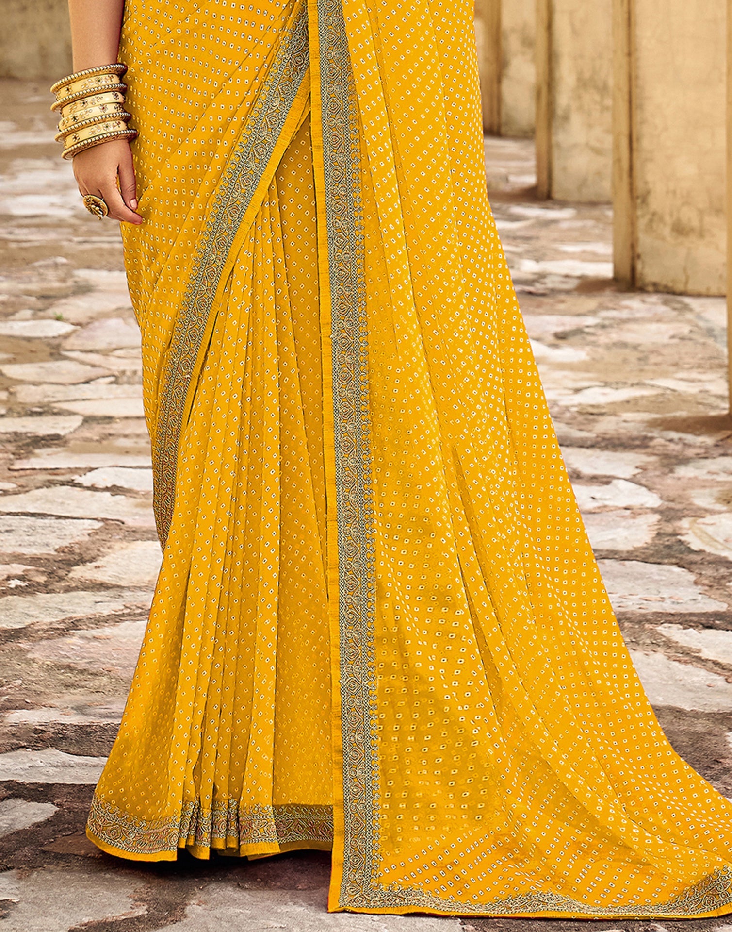 Yellow Bandhani Saree with Embroidery Border | Sudathi