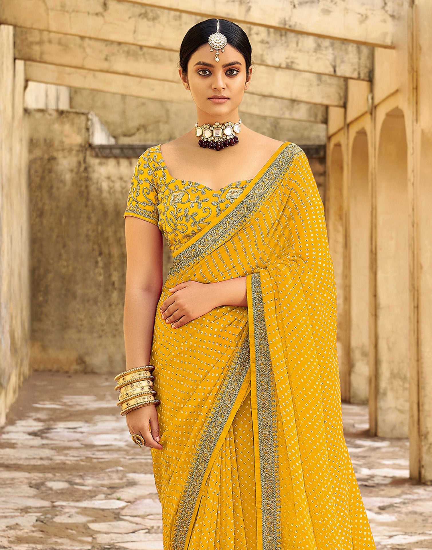 Yellow Bandhani Saree with Embroidery Border | Sudathi