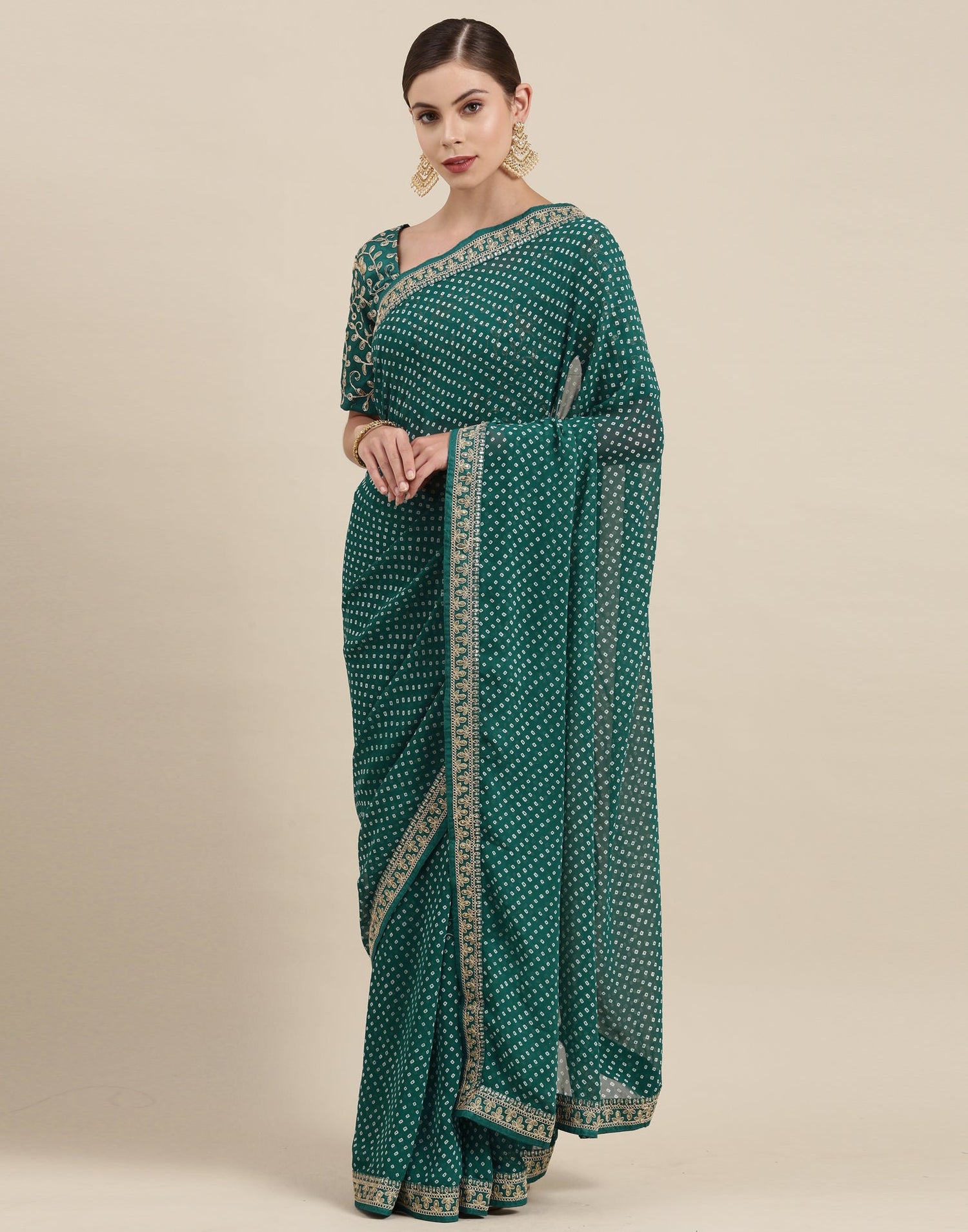 Pine Green Bandhani Saree with Embroidery Border | Sudathi