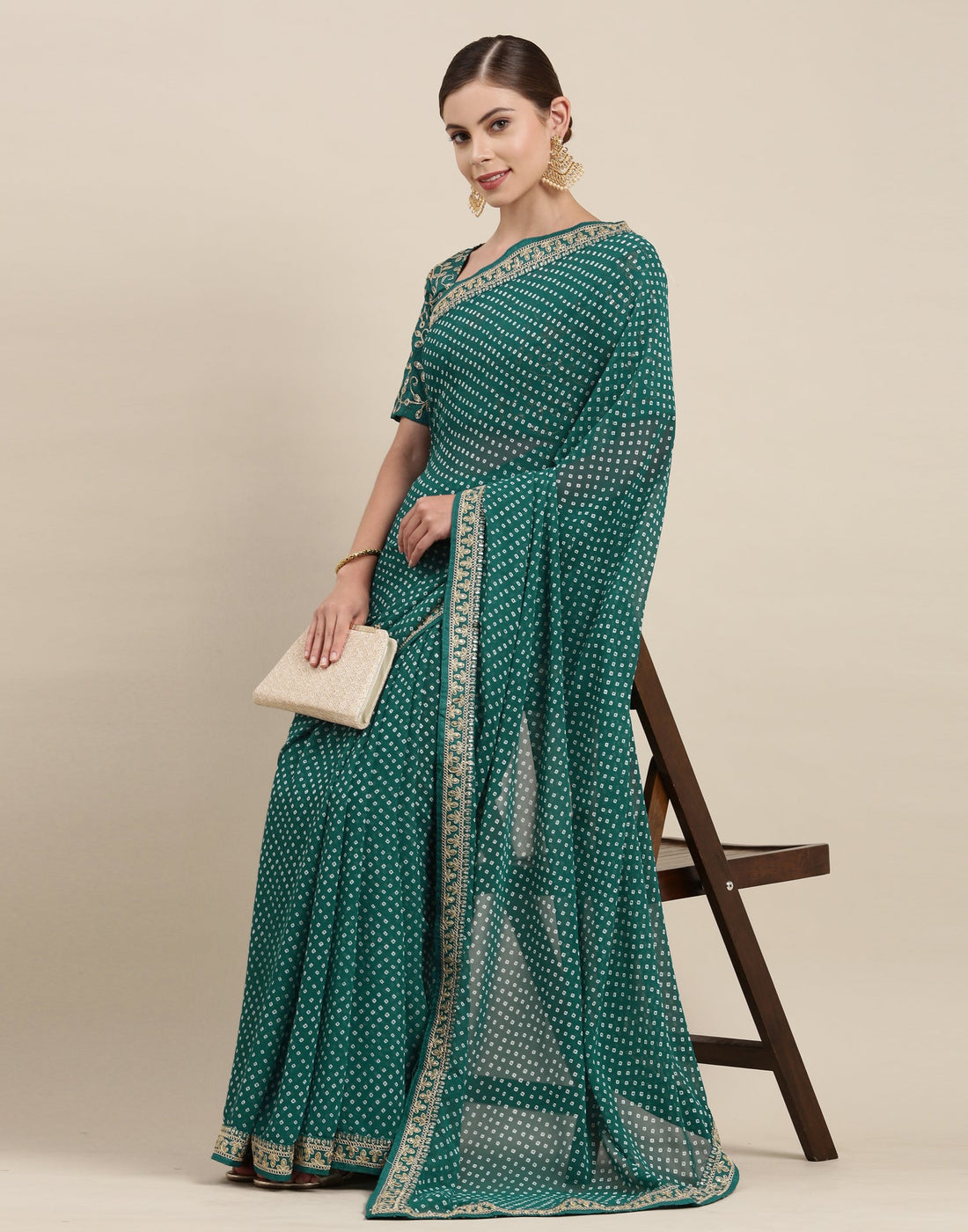 Pine Green Bandhani Saree with Embroidery Border | Sudathi