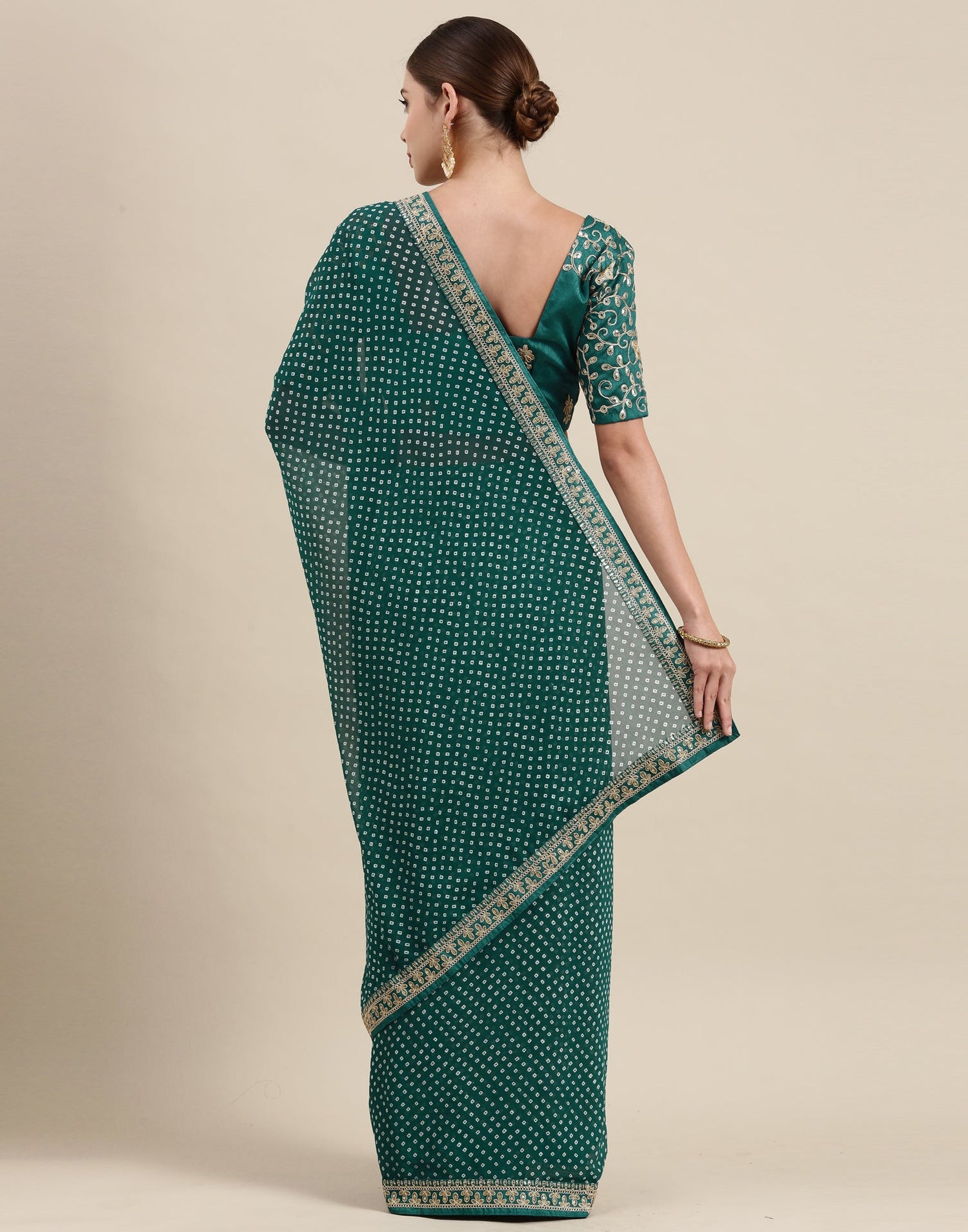 Pine Green Bandhani Saree with Embroidery Border | Sudathi