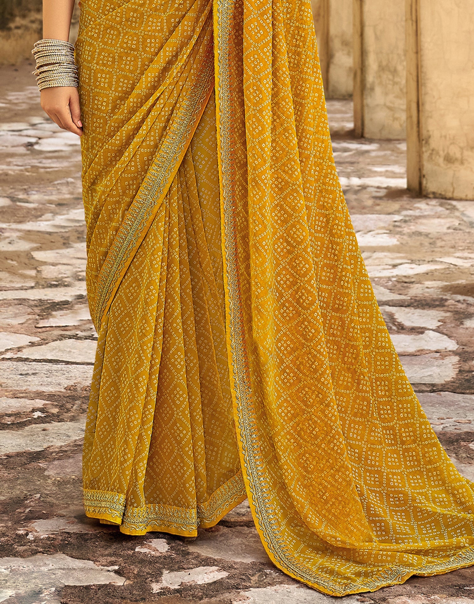 Turmeric Yellow Bandhani Saree with Embroidery Border | Sudathi