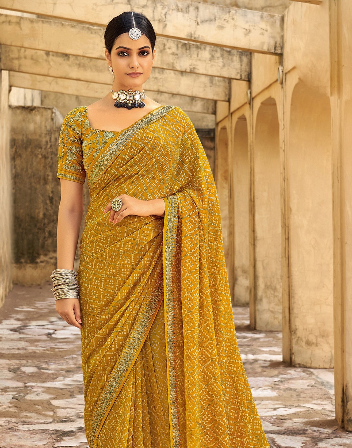 Turmeric Yellow Bandhani Saree with Embroidery Border | Sudathi