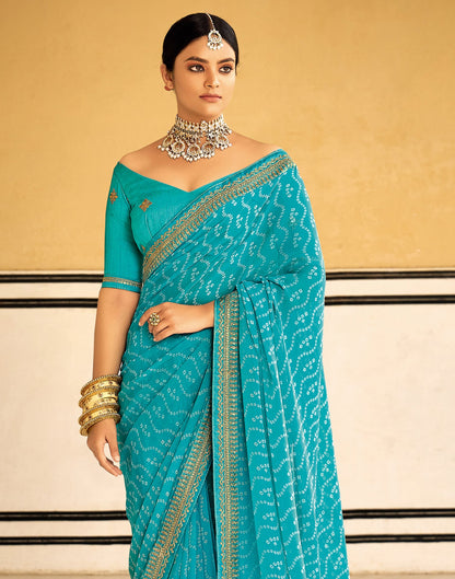 Sky Blue Bandhani Saree with Embroidery Border | Sudathi