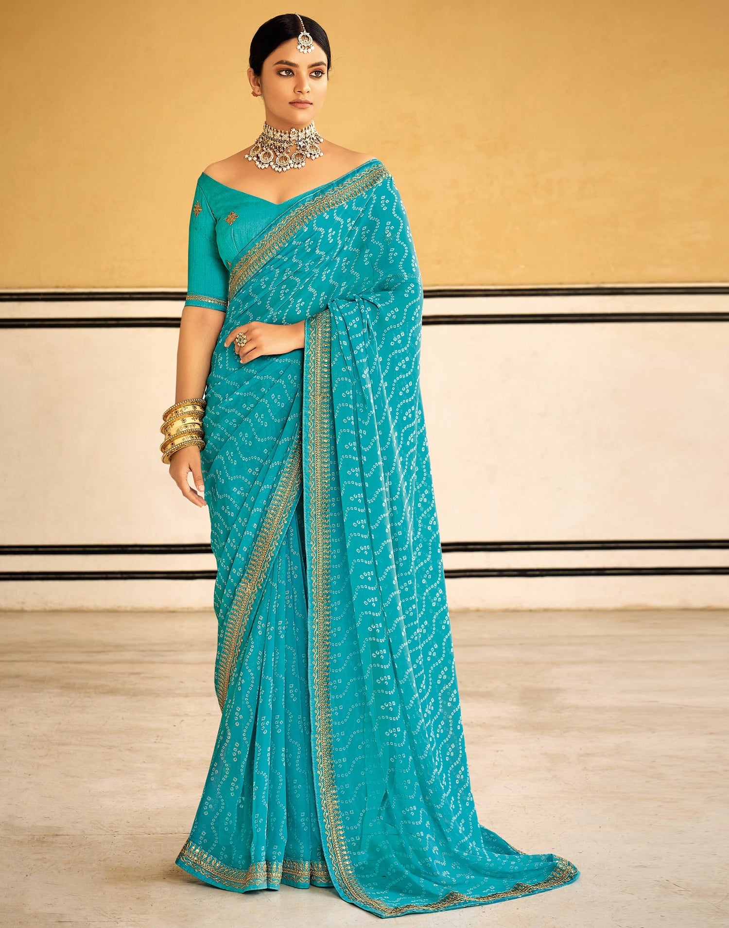 Sky Blue Bandhani Saree with Embroidery Border | Sudathi