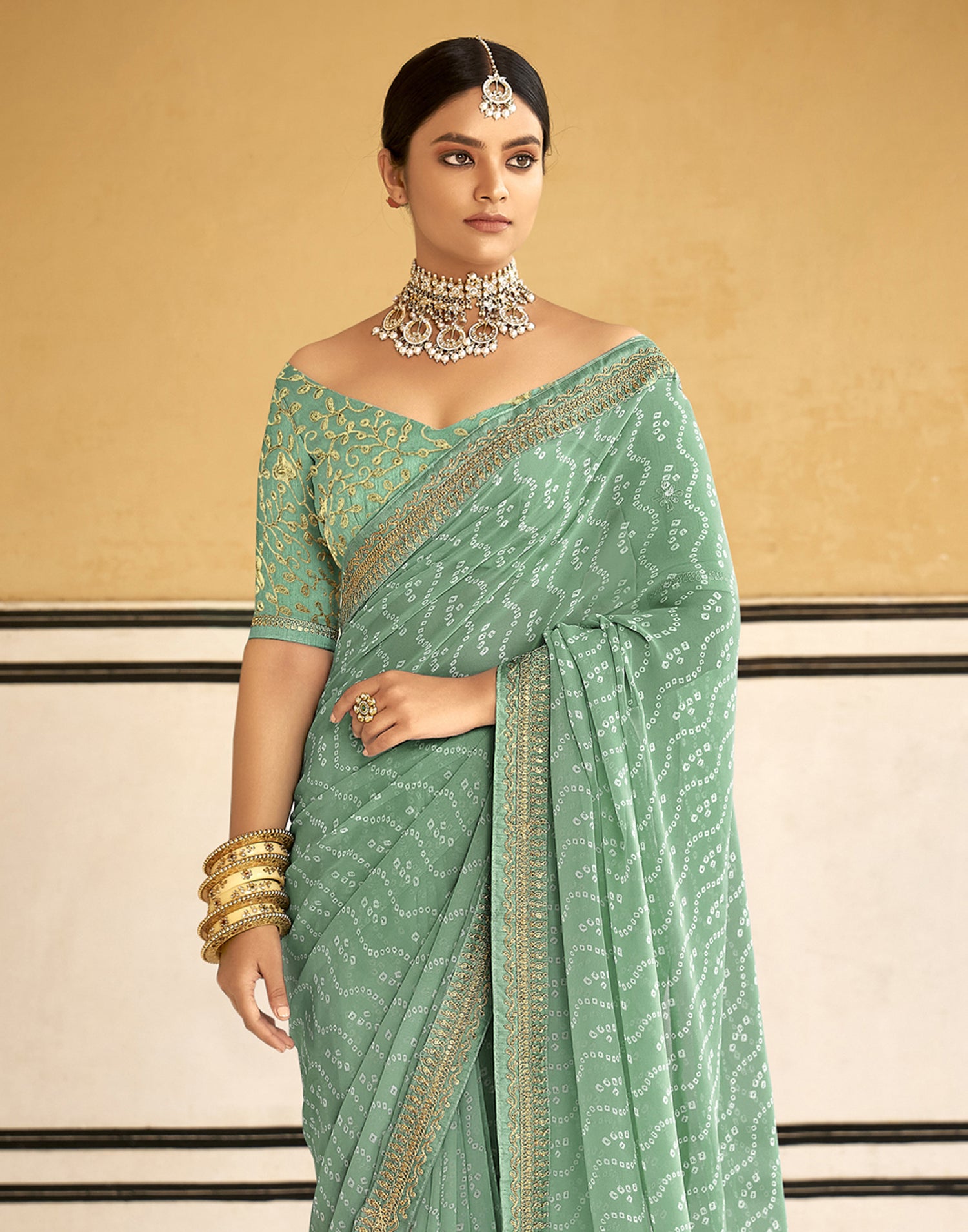 Mint Green Bandhani Saree with Embroidery Border