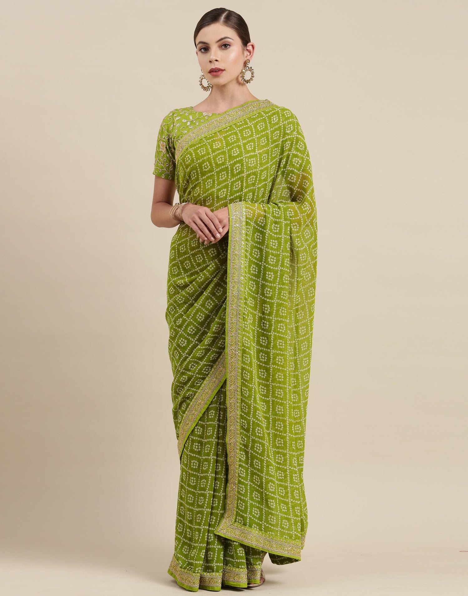 Olive Green Bandhani Saree with Embroidery Border | Sudathi