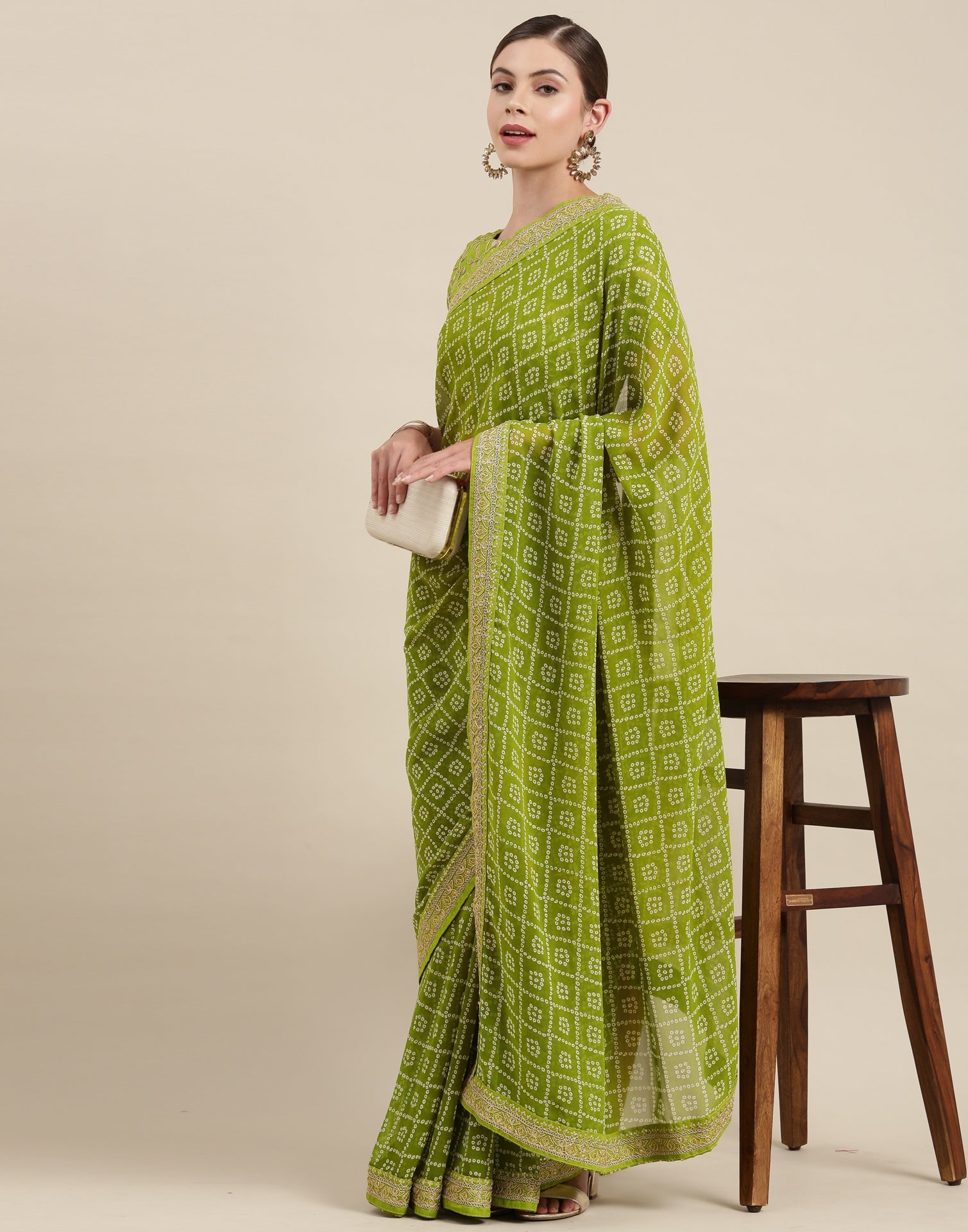 Olive Green Bandhani Saree with Embroidery Border | Sudathi