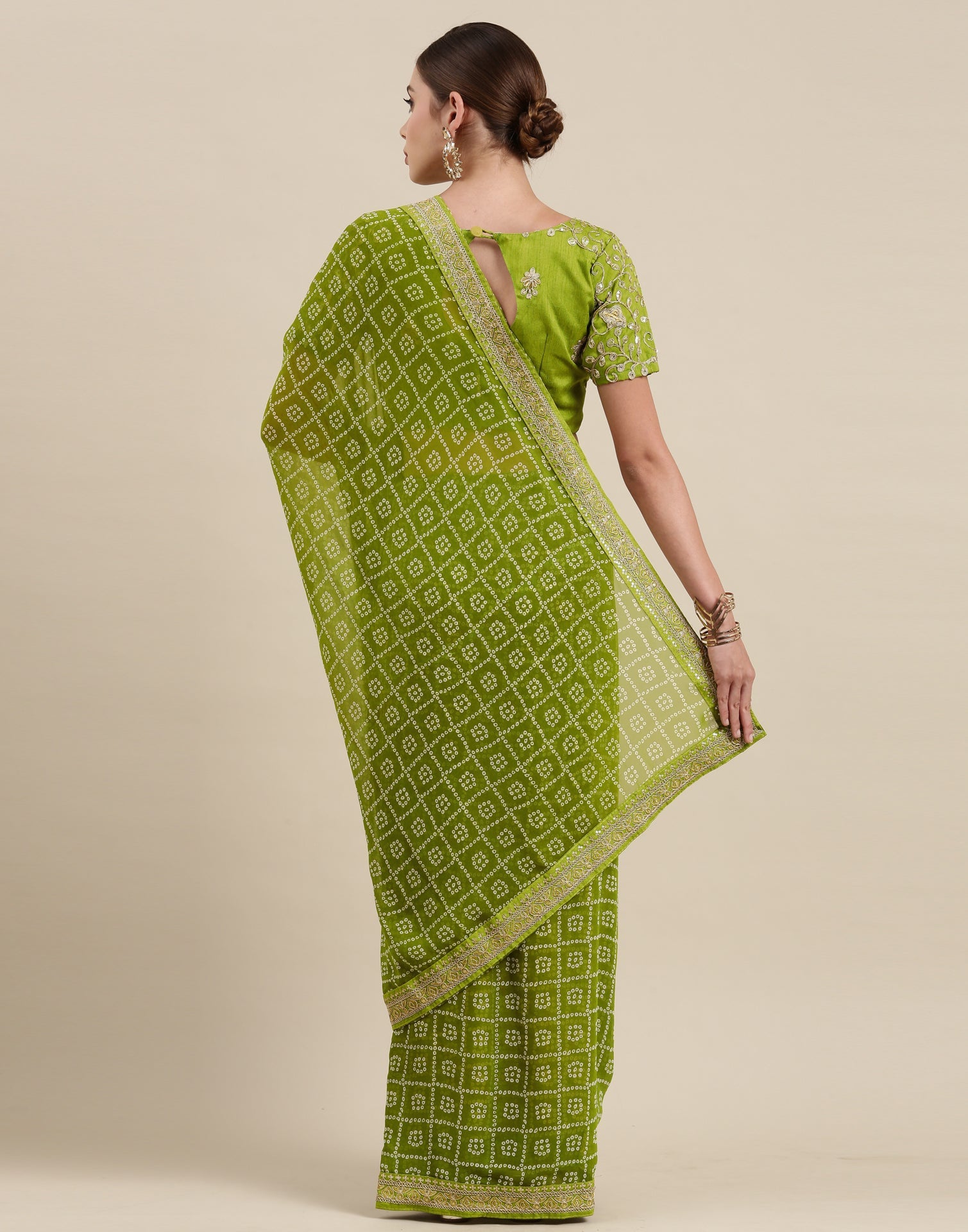 Olive Green Bandhani Saree with Embroidery Border | Sudathi