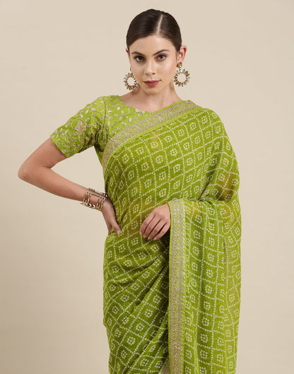 Olive Green Bandhani Saree with Embroidery Border | Sudathi