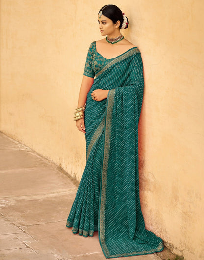 Pine Green Bandhani Saree with Embroidery Border | Sudathi