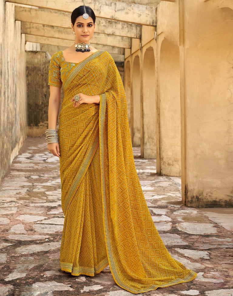 Turmeric Yellow Bandhani Saree with Embroidery Border | Sudathi