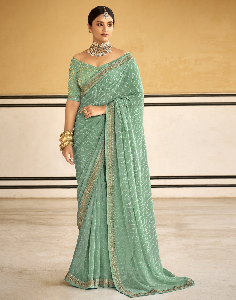 Mint Green Bandhani Saree with Embroidery Border | Sudathi