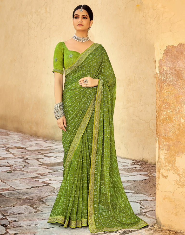 Olive Green Bandhani Saree with Embroidery Border | Sudathi