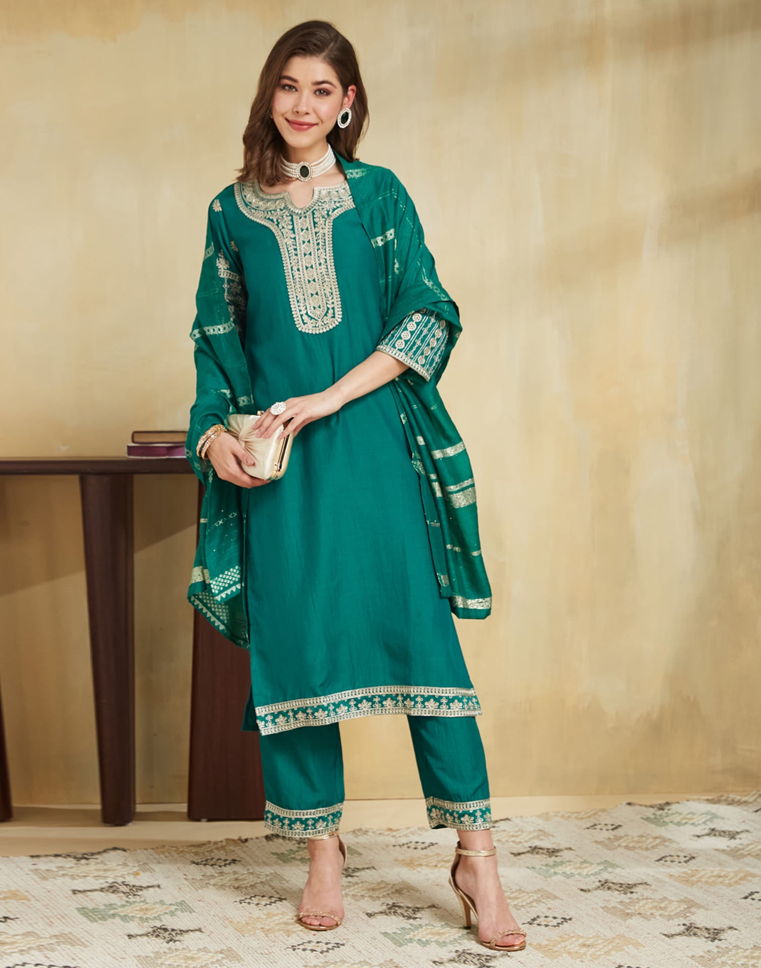 Teal Green Chinnon Embroidery Straight Kurta Set With Dupatta