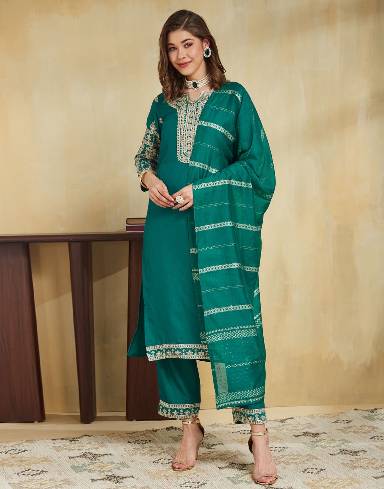 Teal Green Chinnon Embroidery Straight Kurta Set With Dupatta